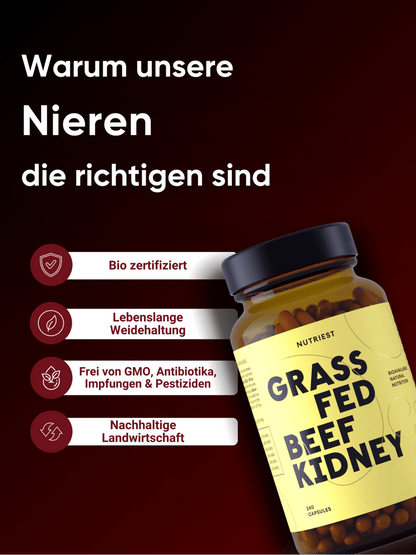 Getrocknete Bio Rinderniere Kapseln – 100 % Niere, grasgefüttert